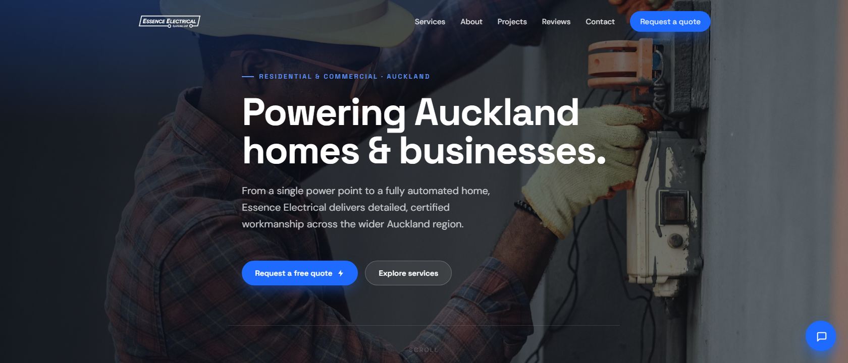 Essence Electrical Systems website — hero reading 'Powering Auckland homes and businesses'