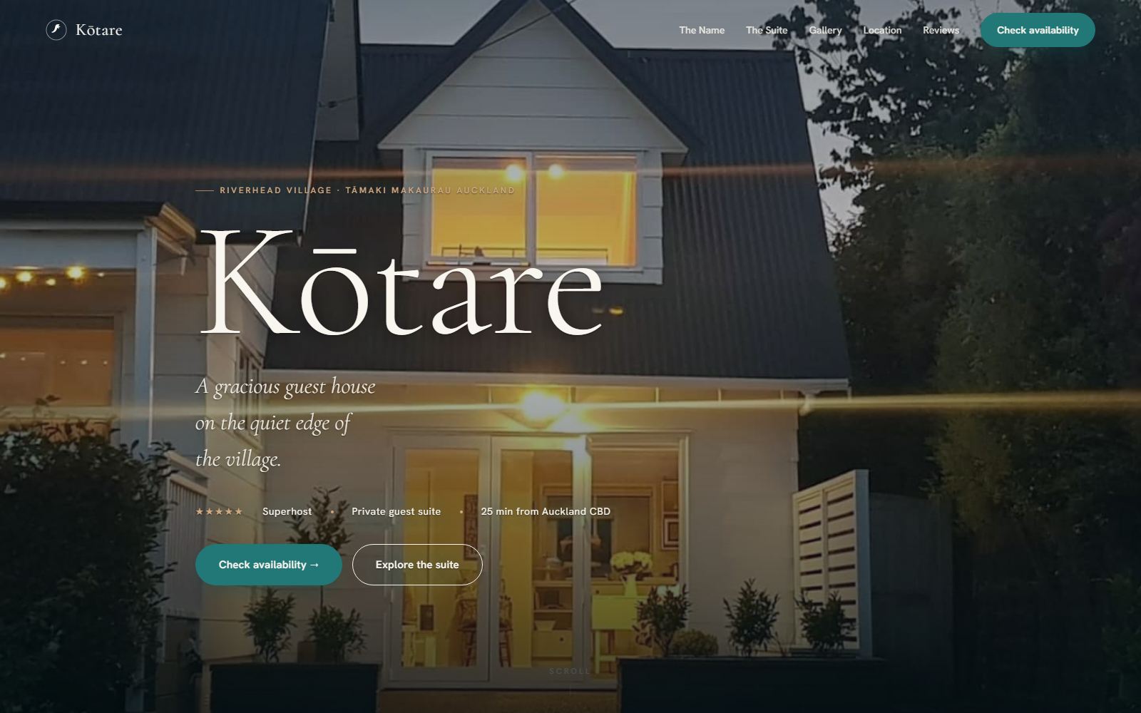 Kōtare guest house website — elegant dark hero with warm villa photography